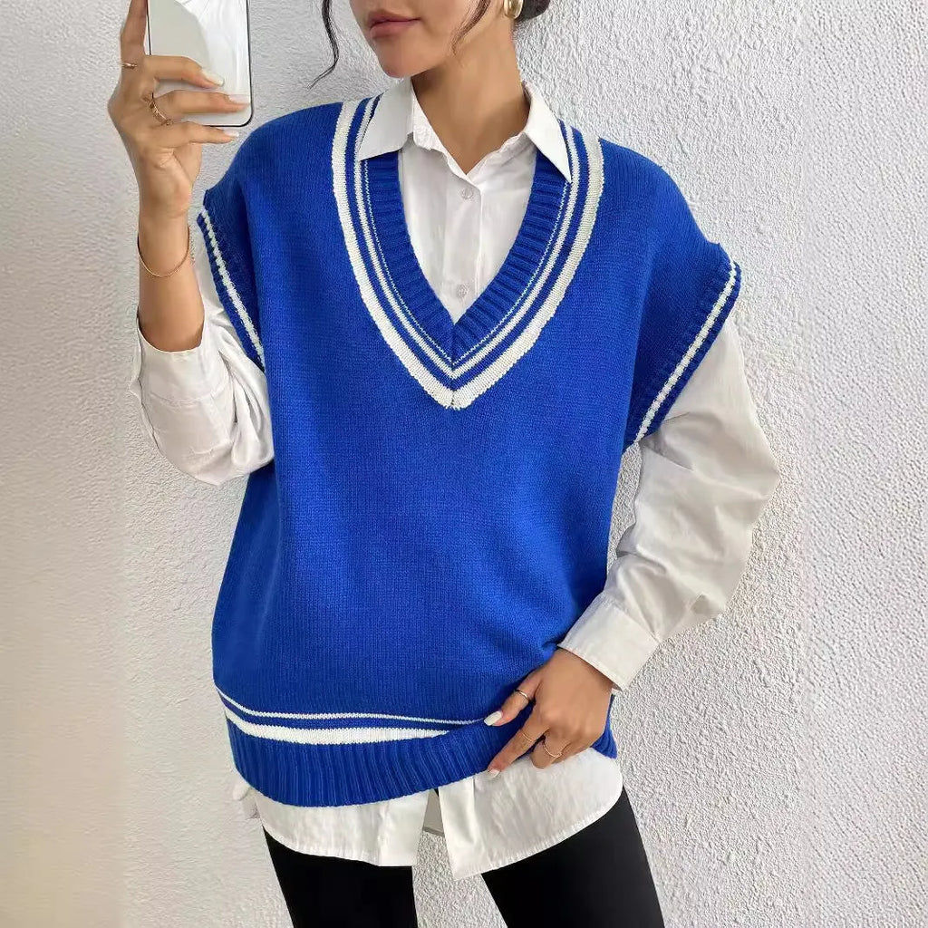 Women's loose fit college style vest sweater in black, blue, or coffee colour