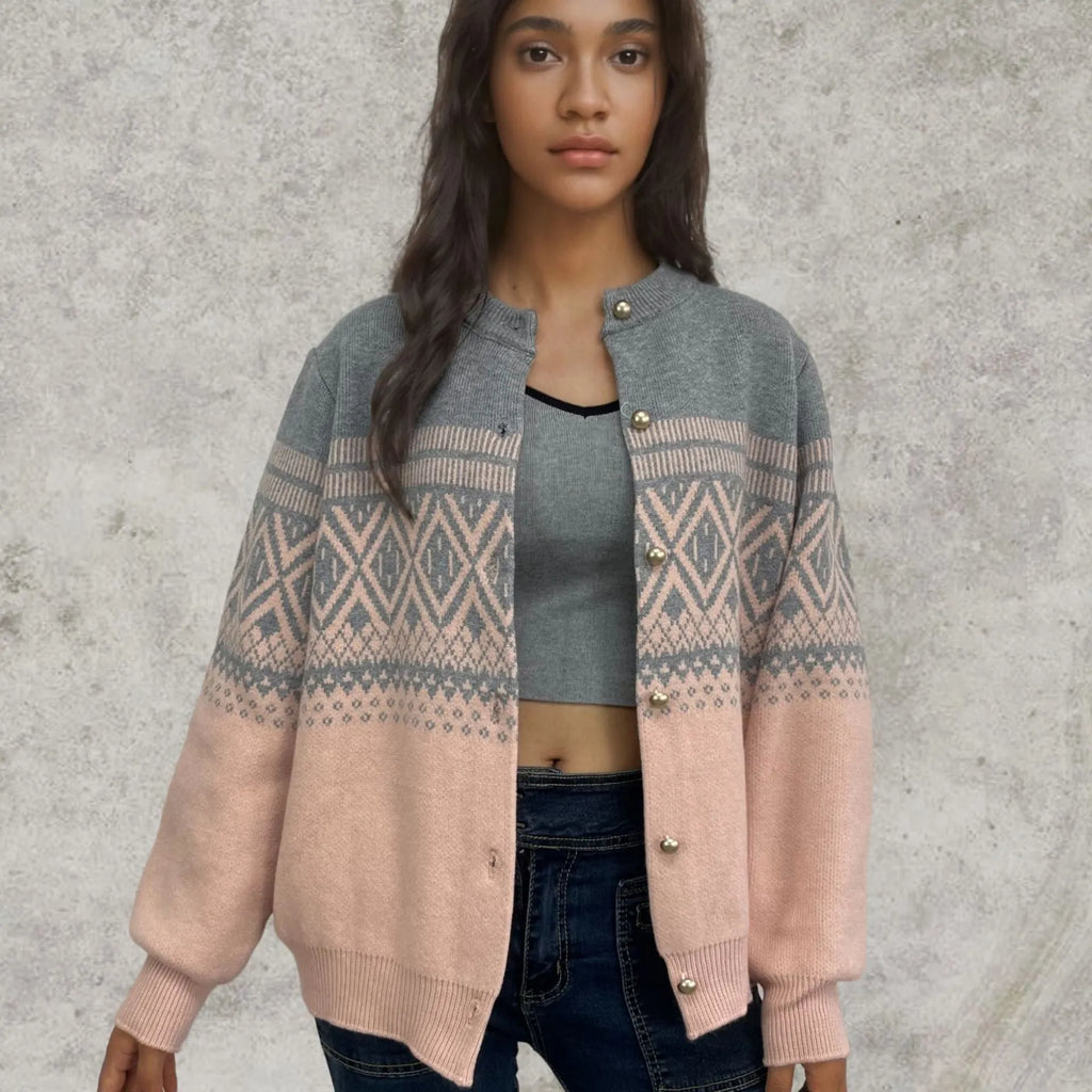 Women's grey alpaca wool sweater with diamond knit pattern and contrast colour panels