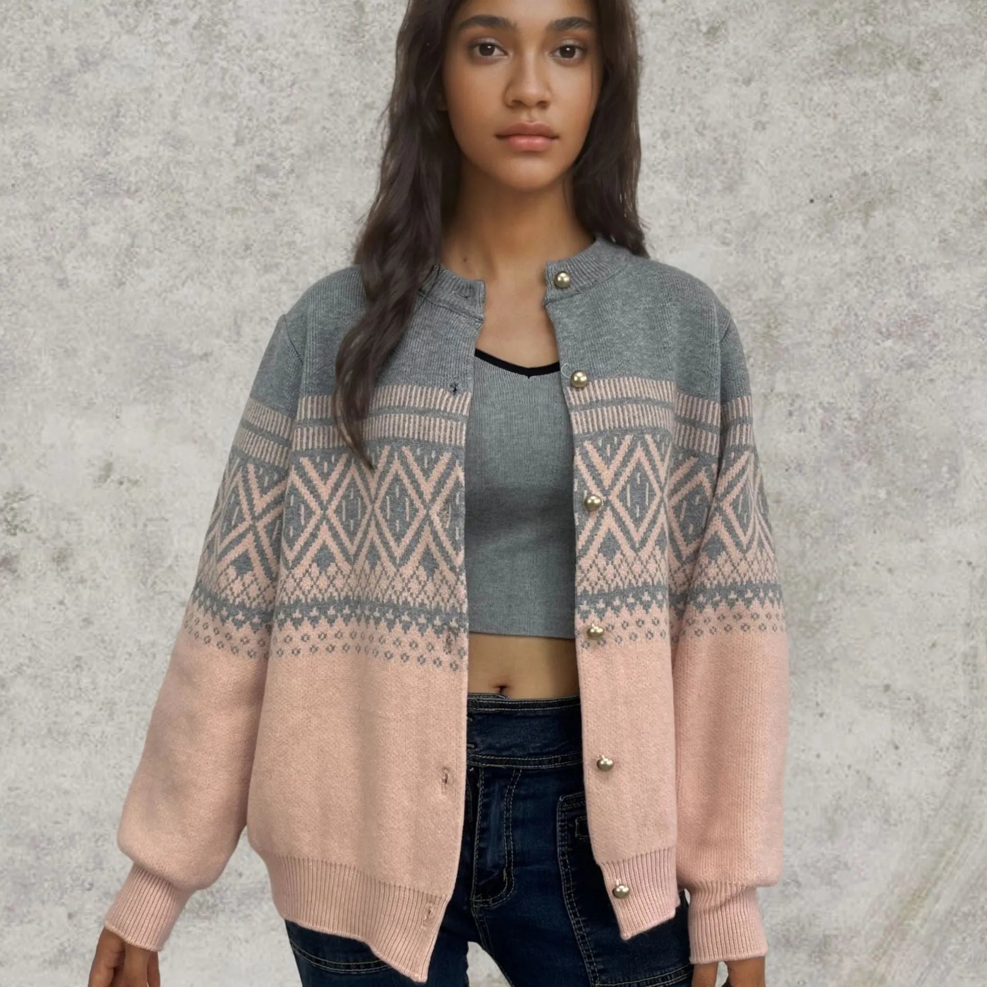 Women's grey alpaca wool sweater with diamond knit pattern and contrast colour panels