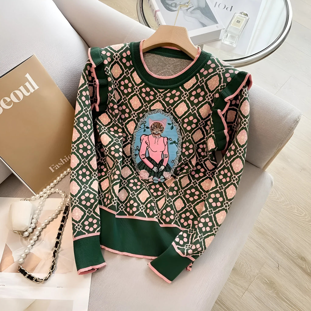 Women's green printed long sleeve sweater in loose fit free size with regular sleeves