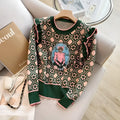 Women's green printed long sleeve sweater in loose fit free size with regular sleeves
