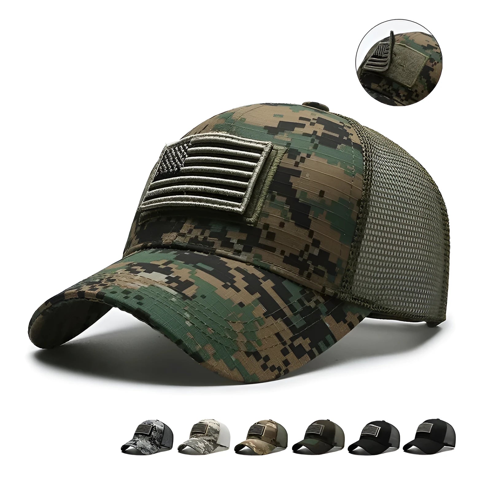 Tactical camouflage baseball cap with machine embroidery, adjustable Velcro back, and dome crown design