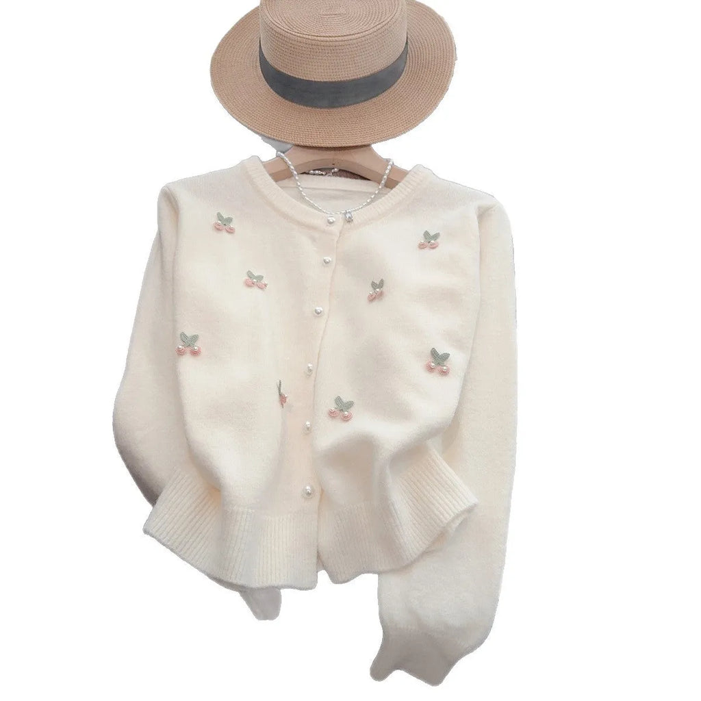 Women's beaded cashmere cardigan in pink with round neck and slim fit