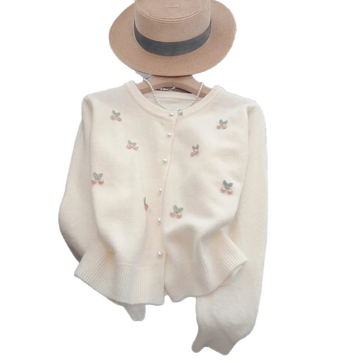 Women's beaded cashmere cardigan in pink with round neck and slim fit