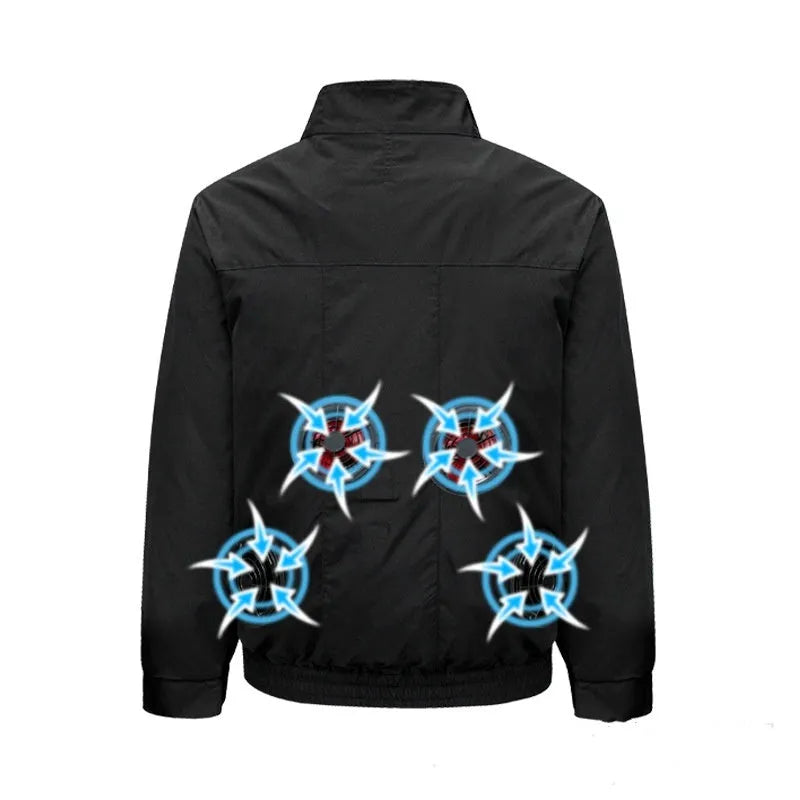 Men's cooling jacket with integrated fan system for outdoor summer work in black or white colours