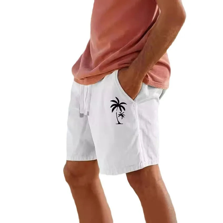 Men's cotton blend beach shorts with elastic drawstring waist in straight leg mid-length design