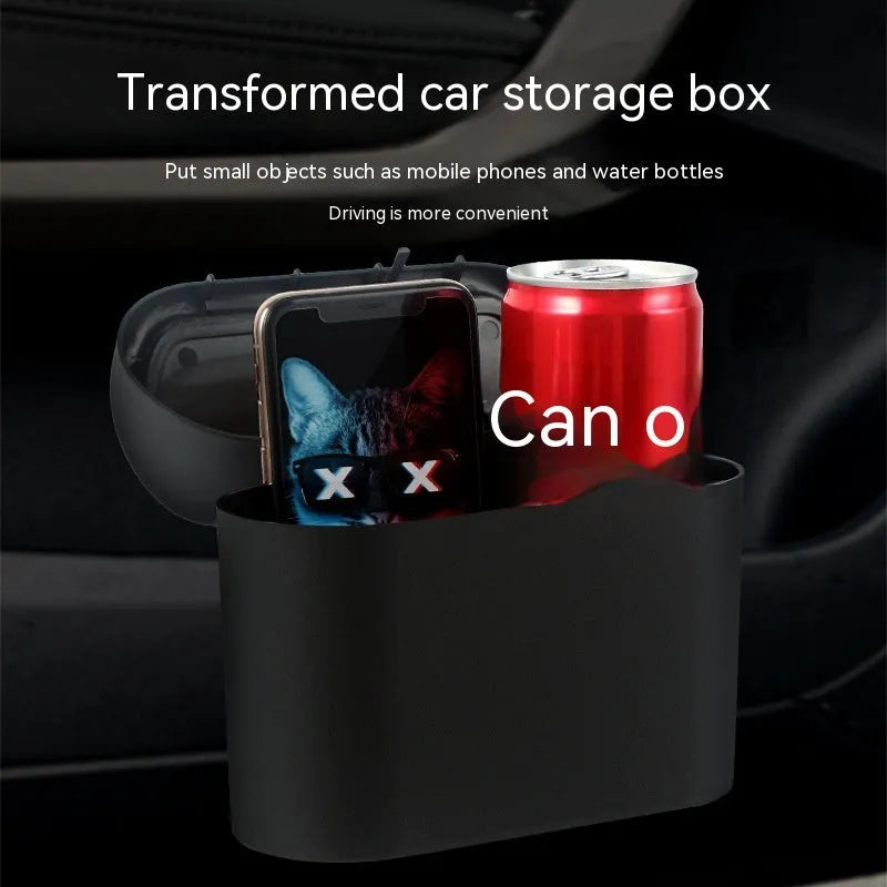 Black folding car trash can showing collapsed and expanded states for seat mounting