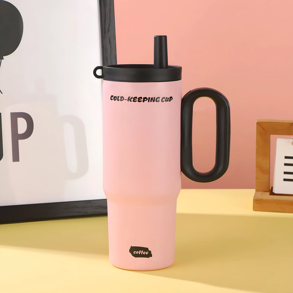 Large portable straw cup with handle in black, pink, sky blue, white, or yellow.