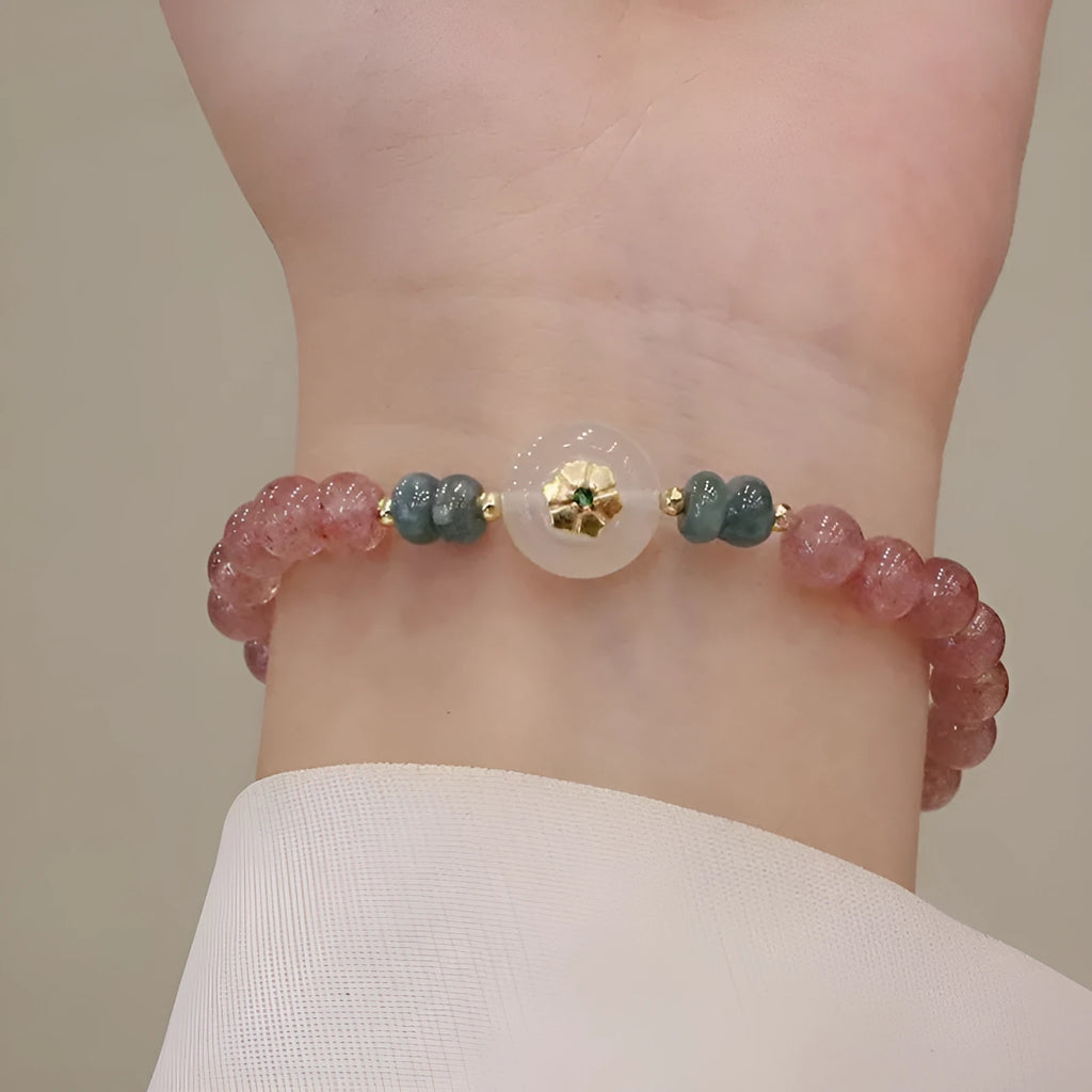Women's bracelet with strawberry quartz, blue water emerald and round jade pendant, ruyi peace buckle elements