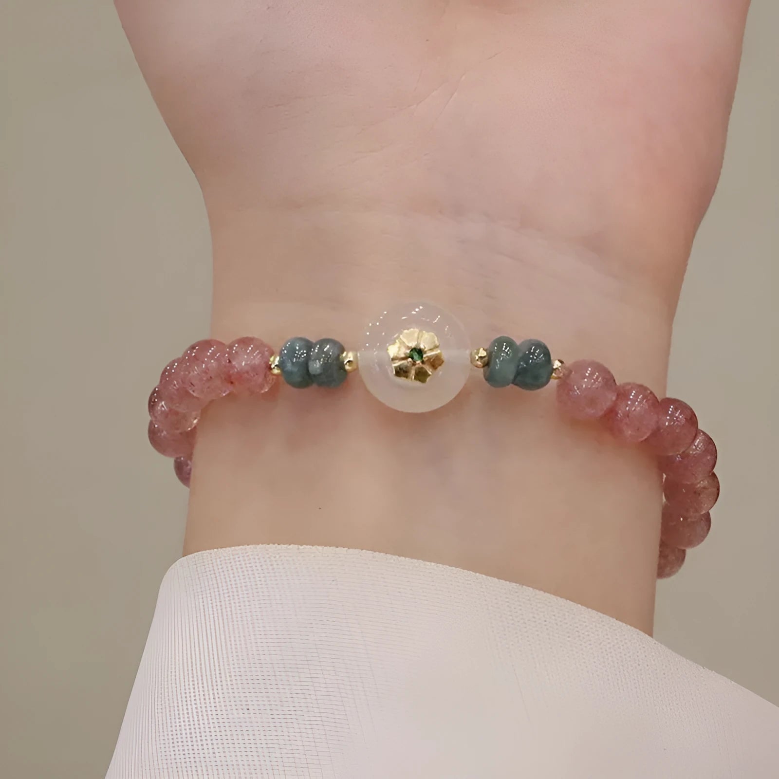 Women's bracelet with strawberry quartz, blue water emerald and round jade pendant, ruyi peace buckle elements