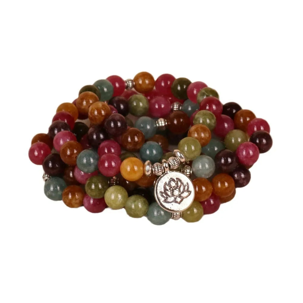 Multi-layer beaded bracelet with 108 tourmaline beads and lotus string design on alloy components