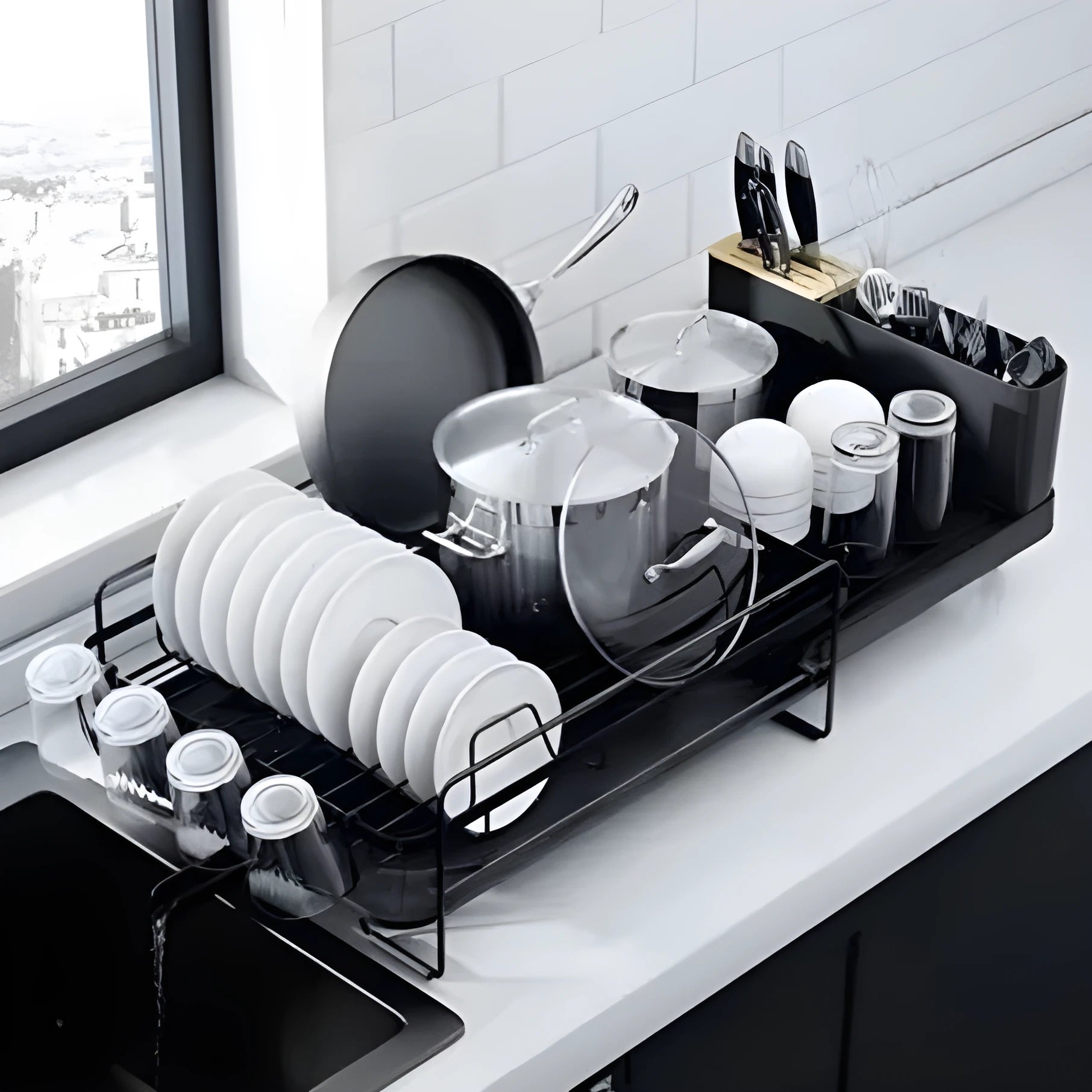 Black retractable kitchen dish drying rack for cutlery and utensils