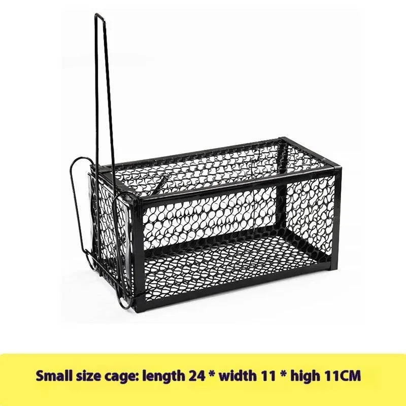 Automatic mouse trap cage and metal clamp rat trap shown in small, medium, and large size options.