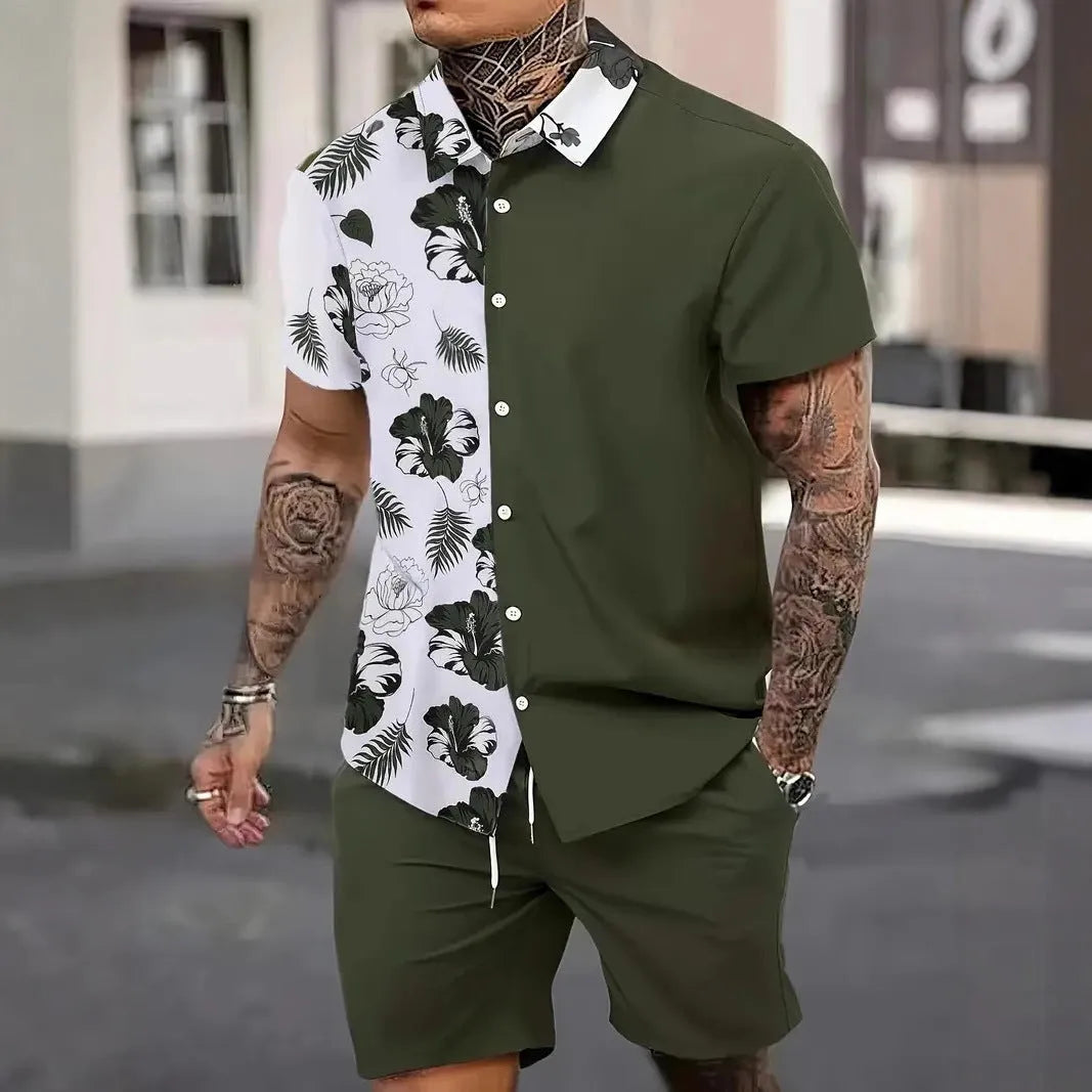 Man wearing a 3D printed Hawaiian pattern short sleeve top and matching shorts casual suit set.