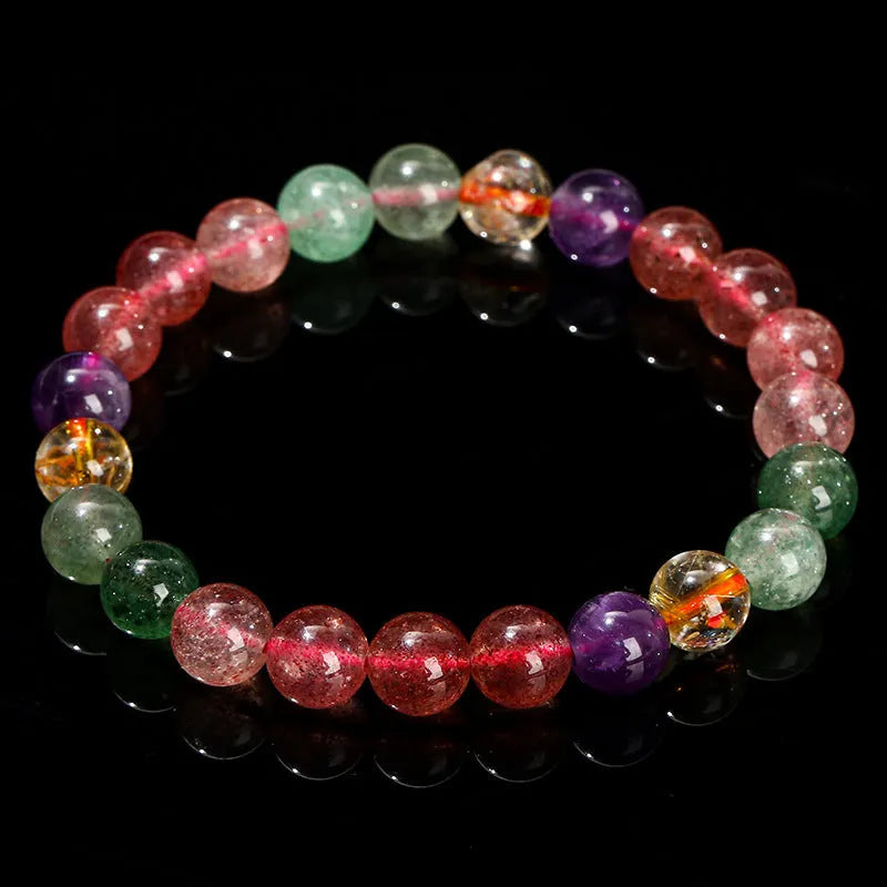 Natural strawberry quartz and tourmaline geometric bead bracelet for women in 7mm, 8mm, and 9mm sizes.