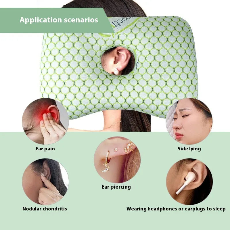 Beauty salon single hole ear pillow with detachable cover in grey, shown next to a towel.