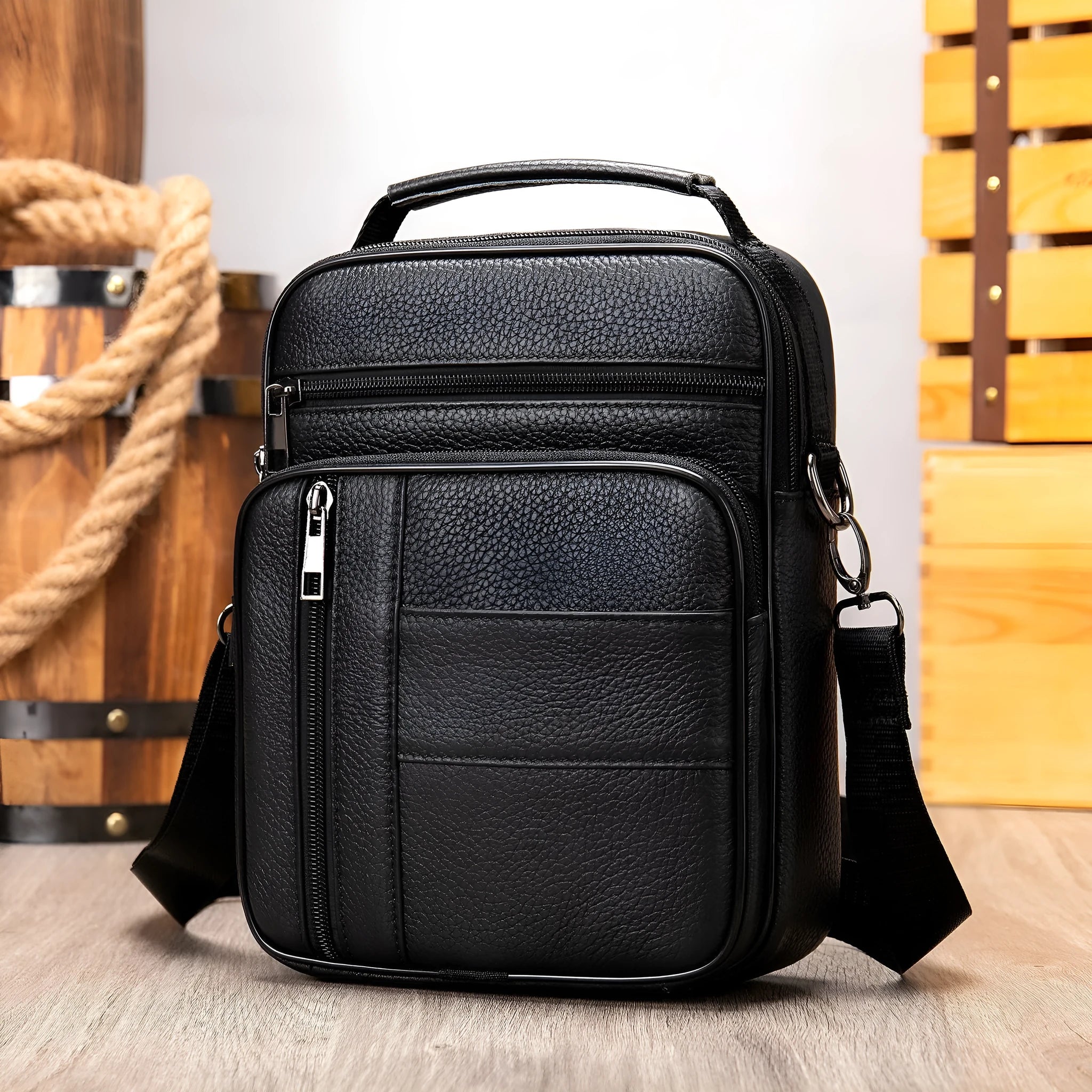 Men's vintage genuine cowhide leather shoulder bag with vertical square shape and soft handle