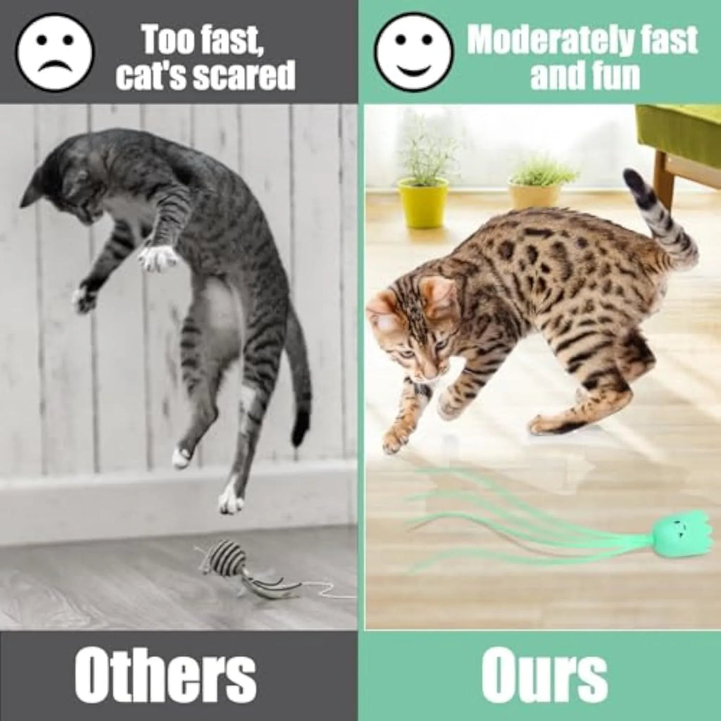 Green automatic cat wand toy with swinging silicone tails on white background