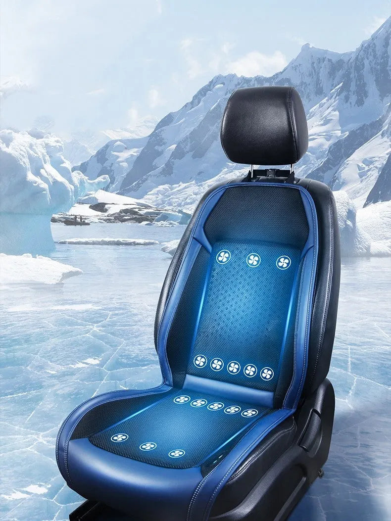 Car seat cooling pad with ventilation system and massage function in minimalist black design