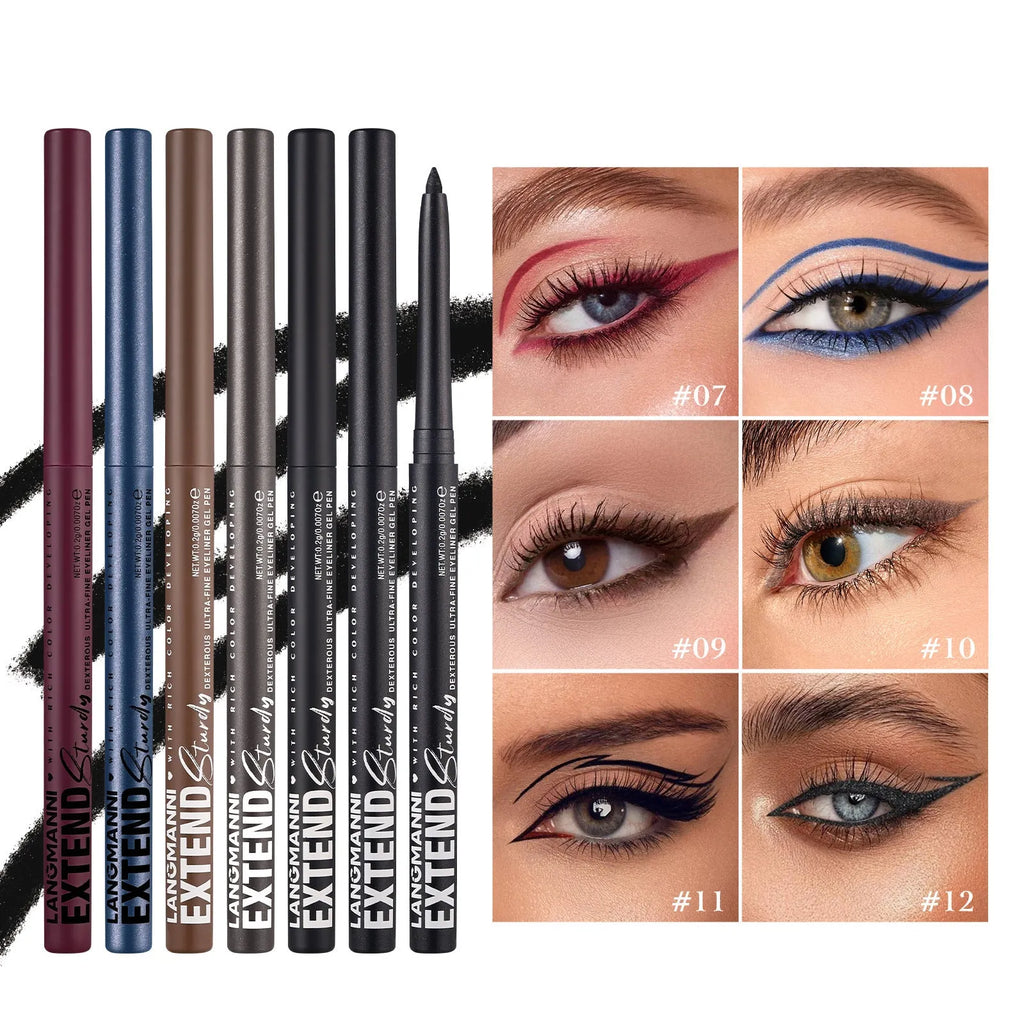 Set of 12 colourful gel glitter eyeliner pencils in various shades and finishes for waterproof party and cosplay makeup