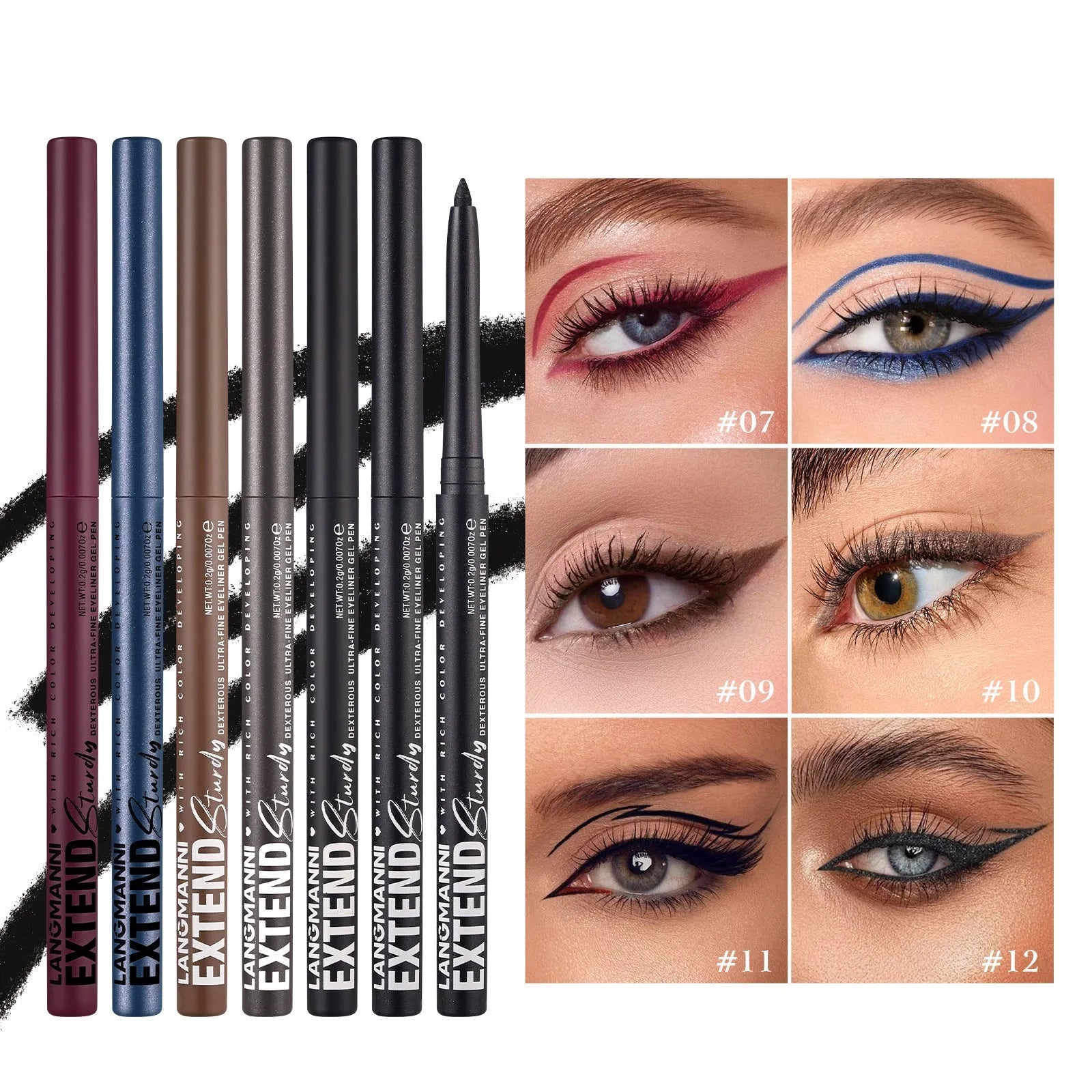 Set of 12 colourful gel glitter eyeliner pencils in various shades and finishes for waterproof party and cosplay makeup