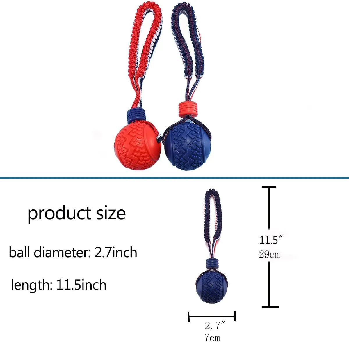 Blue and red natural rubber dog ball with rope handle toy for medium and small dogs