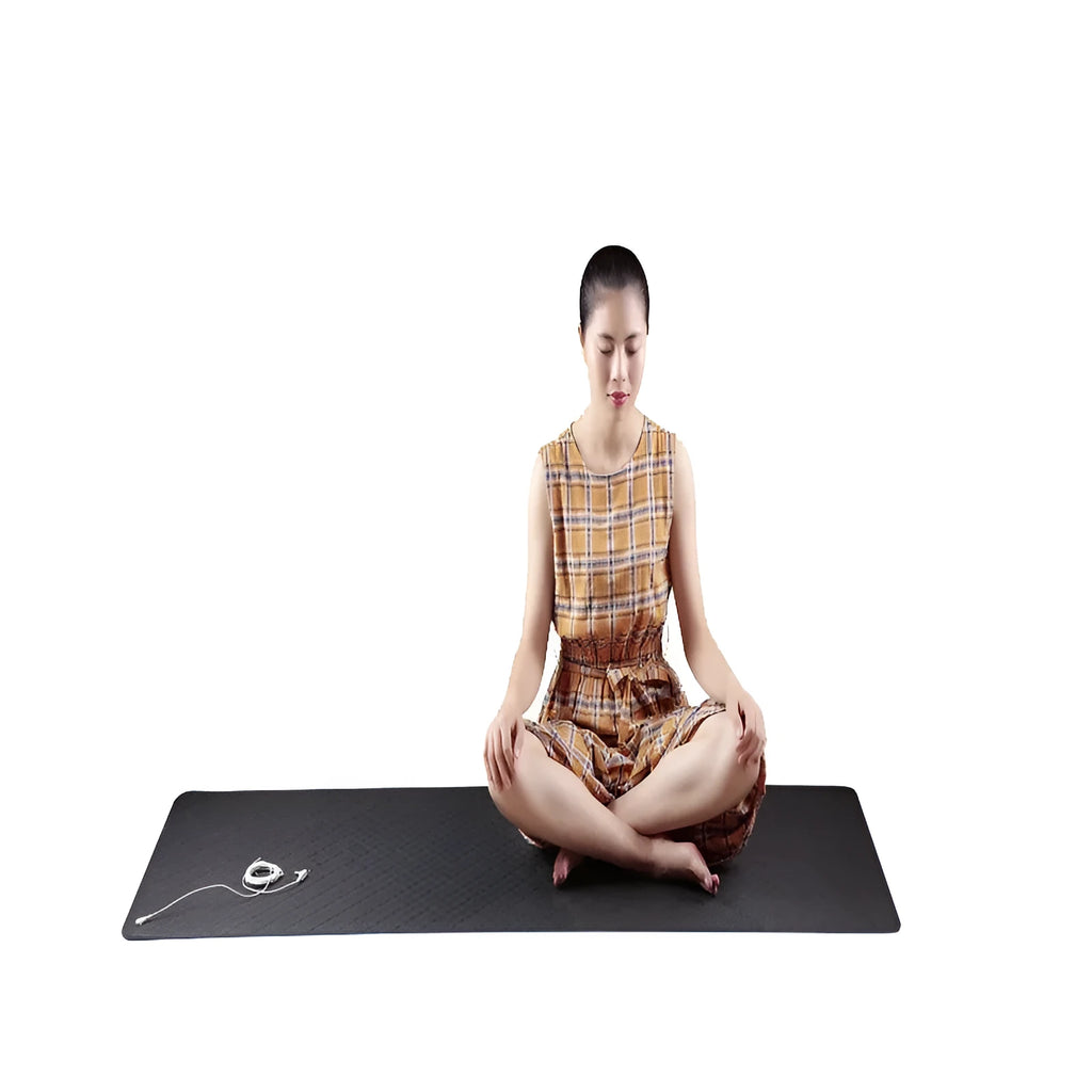 Blue conductive grounding yoga mat with plant pattern and integrated wire, measuring 182cm long.