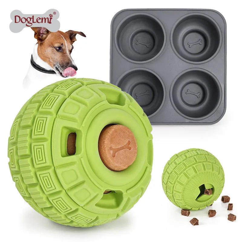 Green or orange natural rubber pet food dropping ball toy measuring 14x10x10 cm