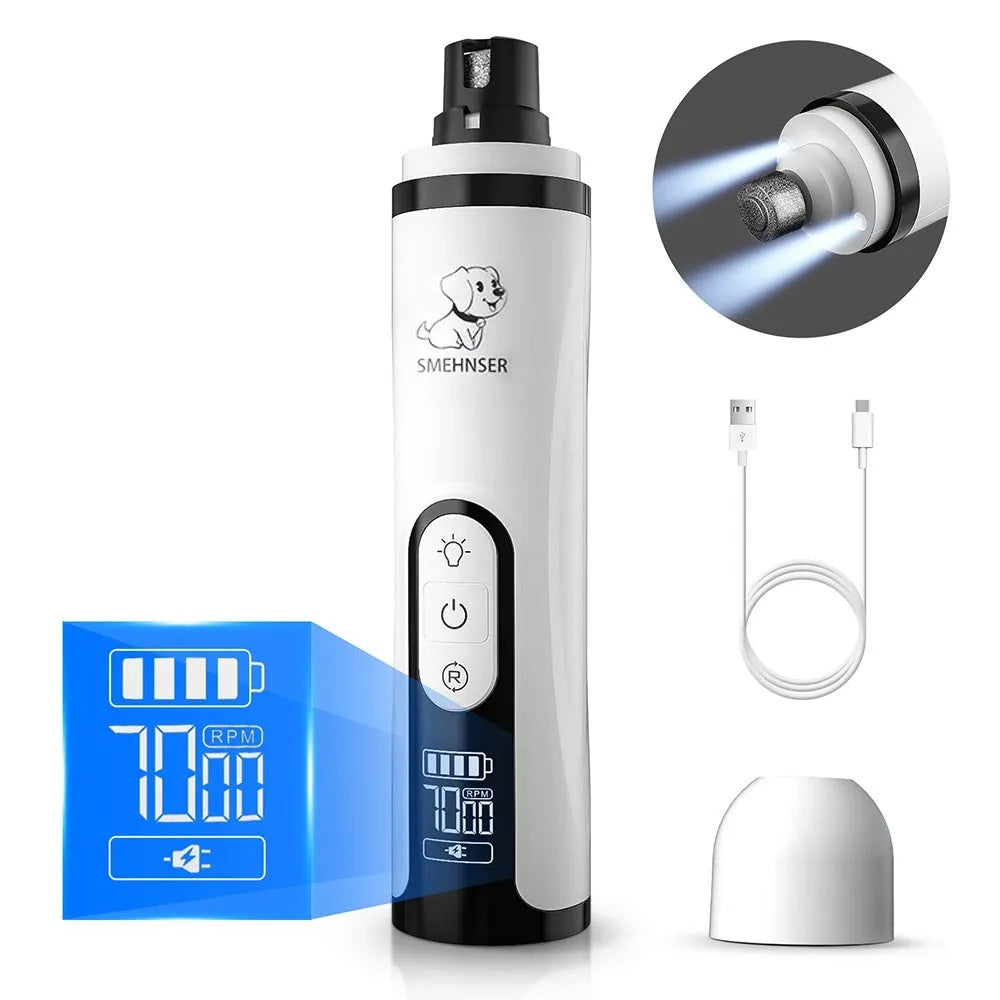 Automatic electric nail grinder for dogs with LED display and dust collection compartment.