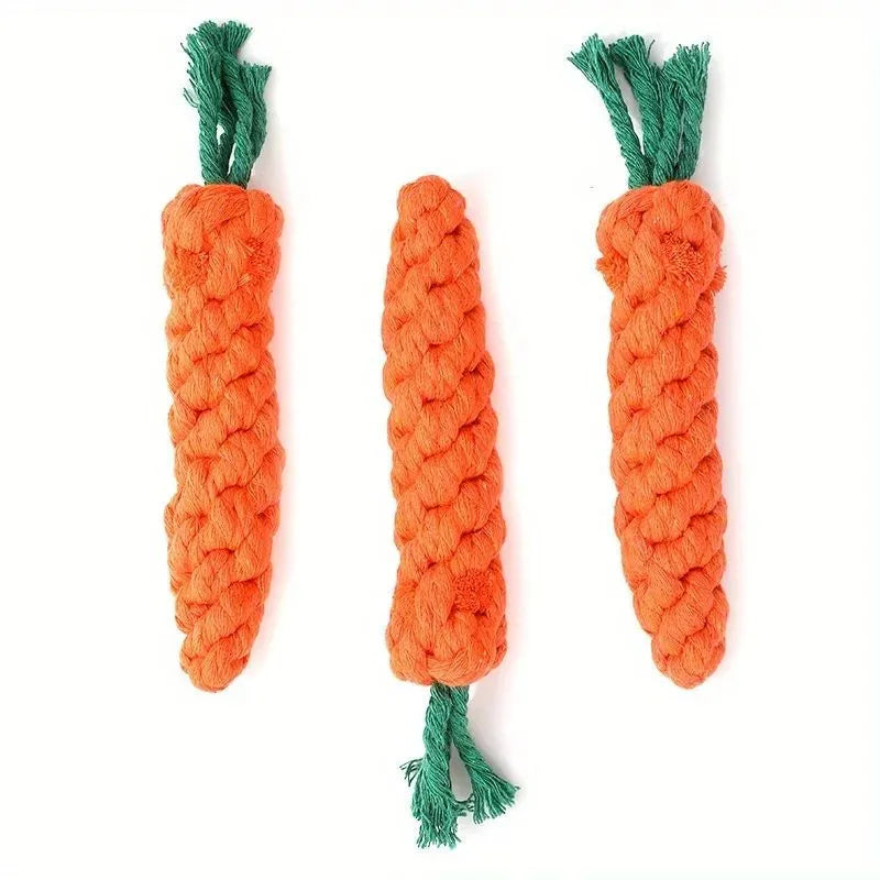 Carrot-shaped cotton rope pet chew toy for small dogs, featuring knot design for interactive play and teeth cleaning