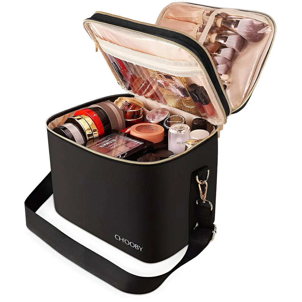 Black double-layer waterproof polyester cosmetic storage bag with carry handle, 27x20x21cm, open to show separated compartments