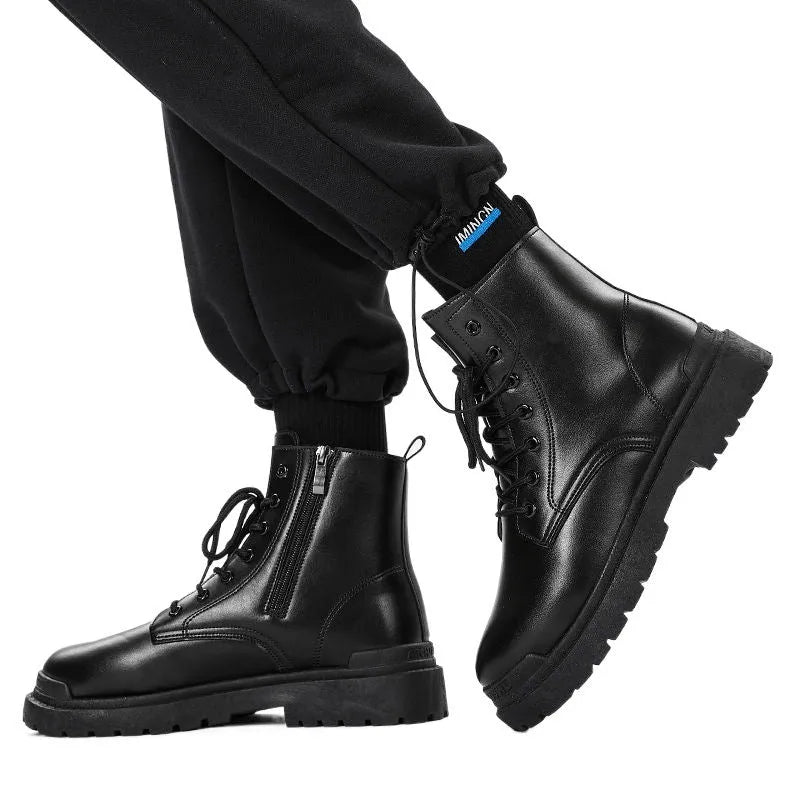 Men's black mid-top waterproof boots with flat rubber sole and PU upper
