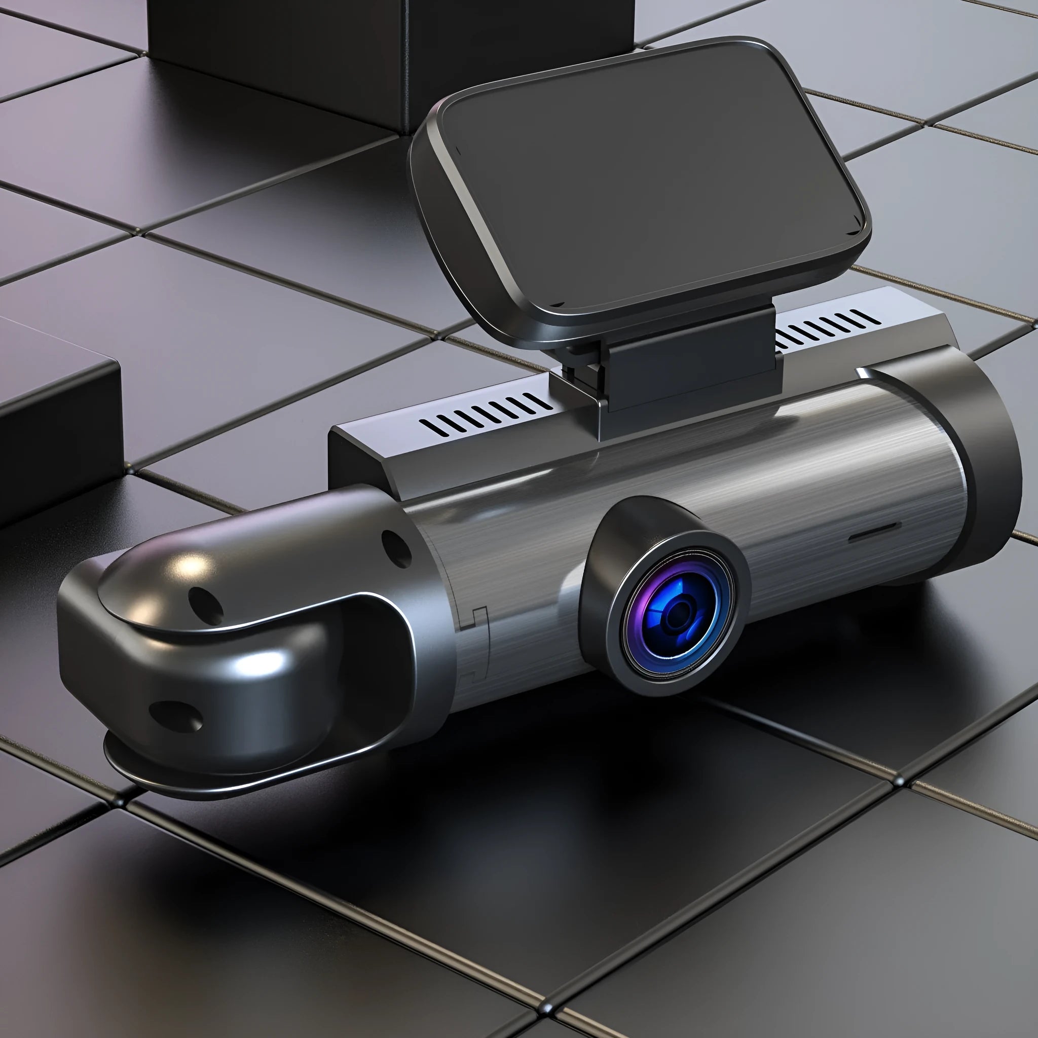 Dual-lens HD driving recorder with 3.5-inch LCD screen mounted on car windshield.