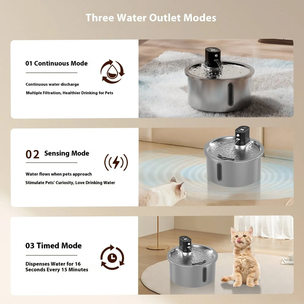 Stainless steel automatic pet water fountain with heater and thermostat control.