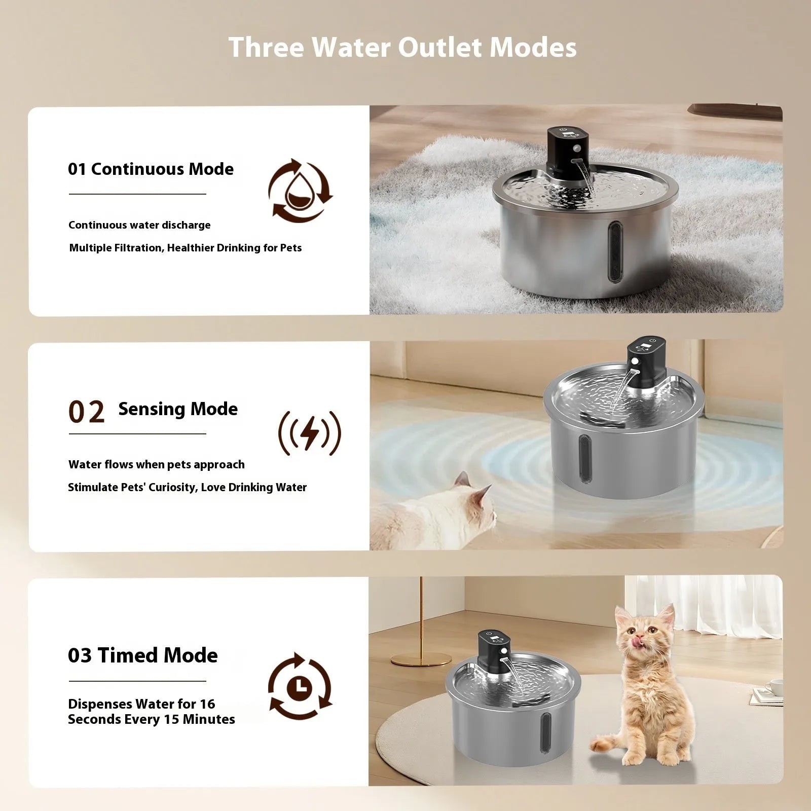 Stainless steel automatic pet water fountain with heater and thermostat control.