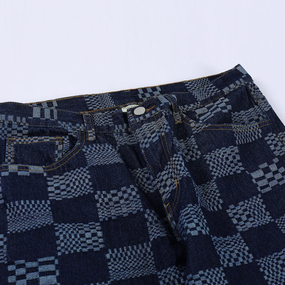 Men's black checkerboard jacquard straight loose fit cotton jeans