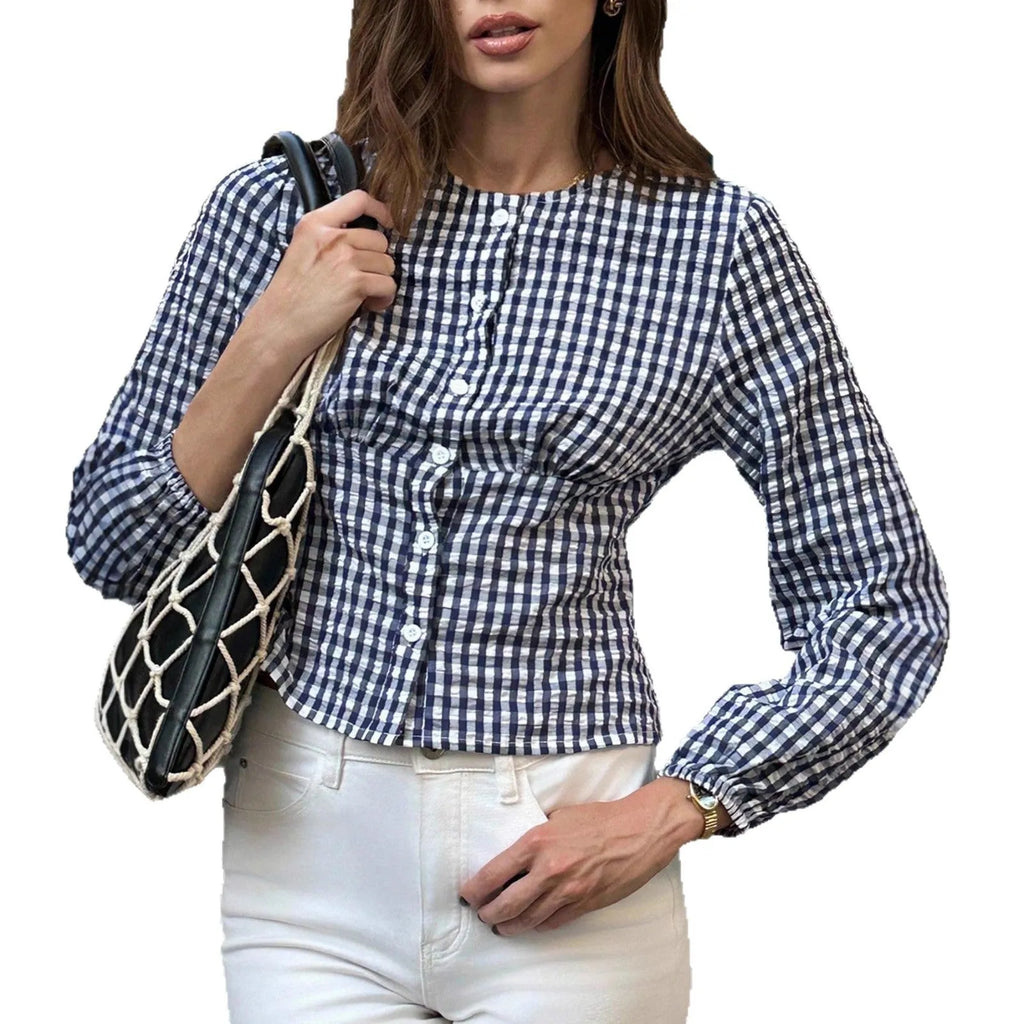 Women's retro casual round neck long sleeve plaid shirt in dark blue with spliced detailing