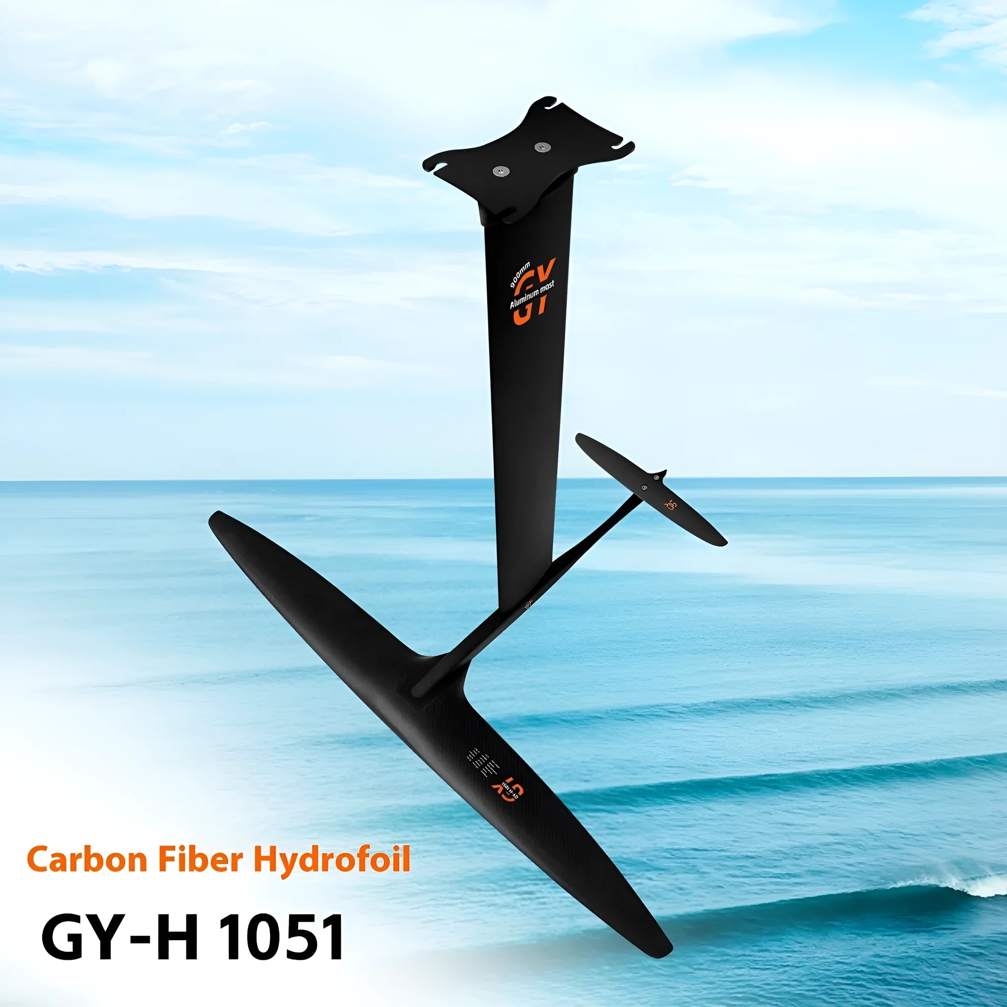 Black aluminium alloy and carbon fibre racing surfboard hydrofoil with large front wing.