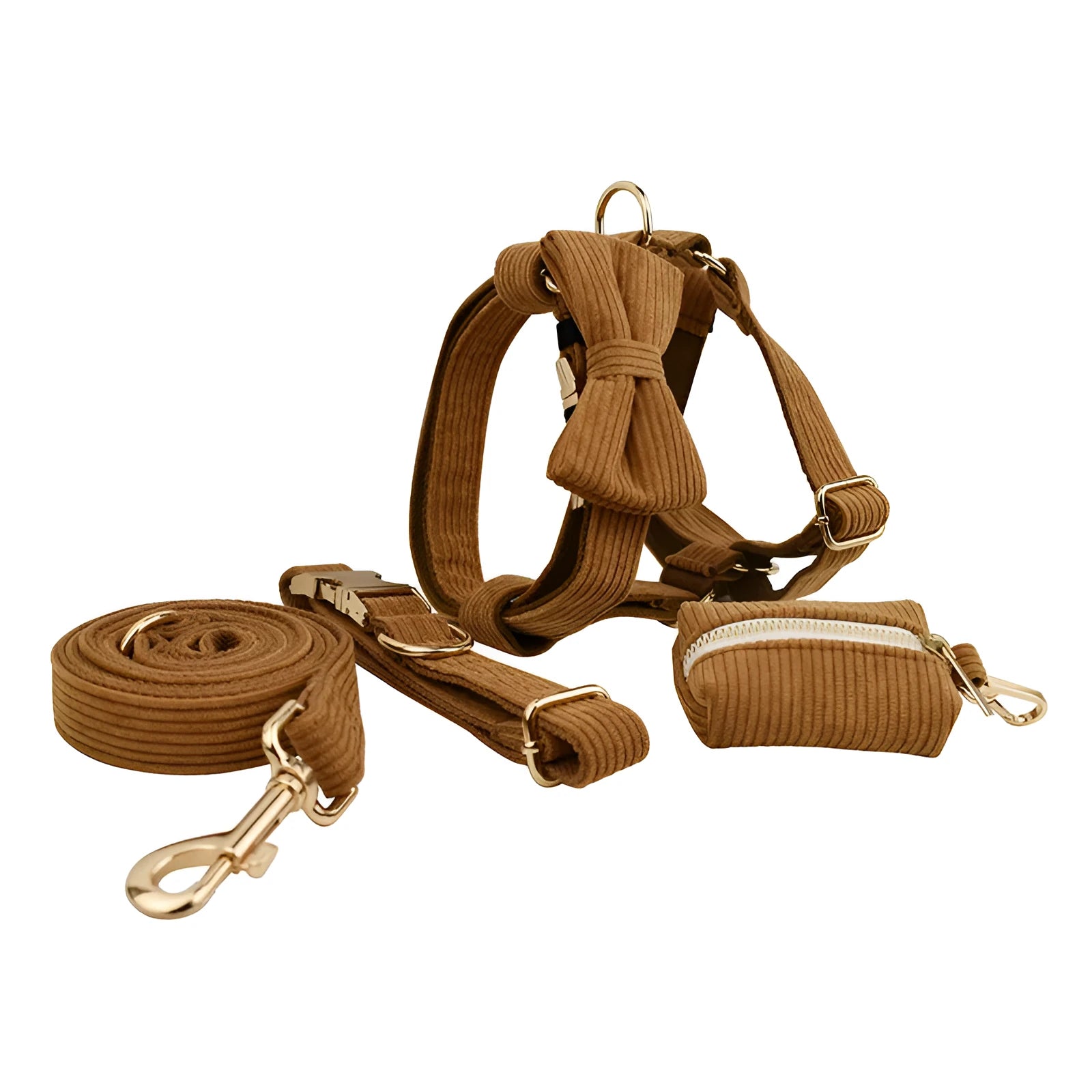 Caramel corduroy five-piece pet collar set with bow, vest, and poop bag on a dog