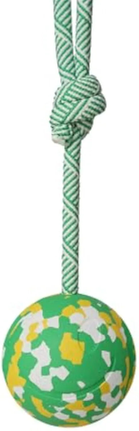 Natural rubber dog ball attached to bamboo fibre rope toy for medium small dogs interactive play