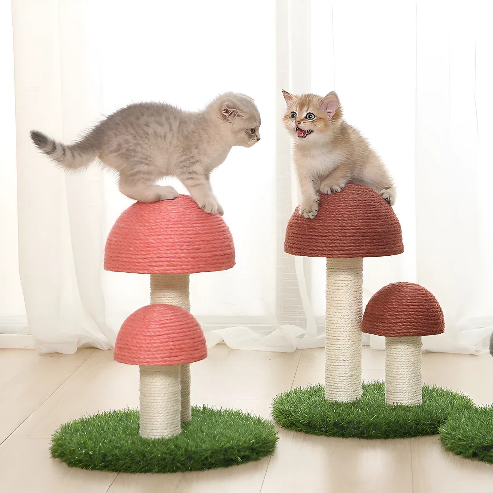 Cotton rope mushroom cat scratch post in Coffee Mushroom with Ball colour for indoor cats