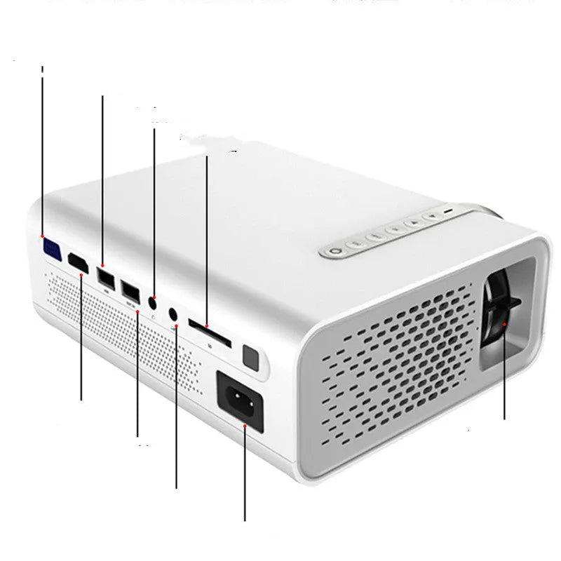 Black portable HD projector with LED lens on a table showing a movie projected on a wall