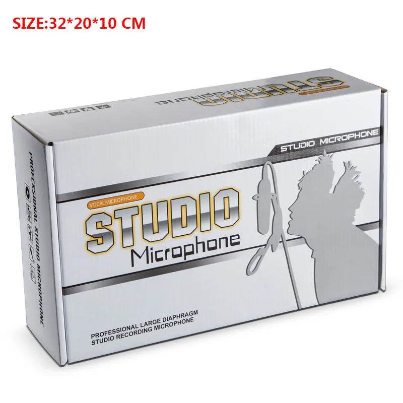 Retro-style silver condenser microphone with USB cable for PC recording and karaoke.