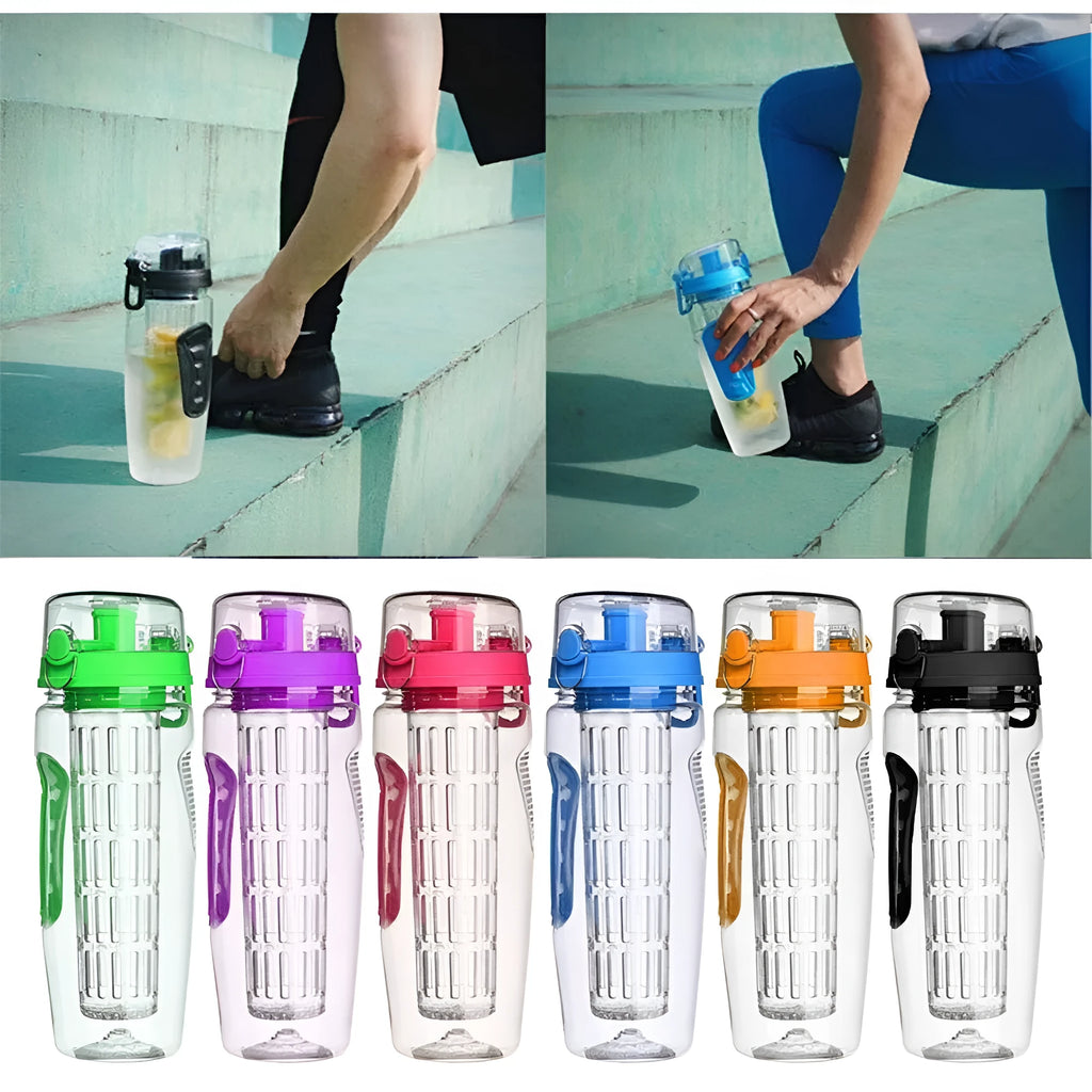 32oz BPA-free Tritan fruit infuser water bottle with removable fruit cup in assorted colours