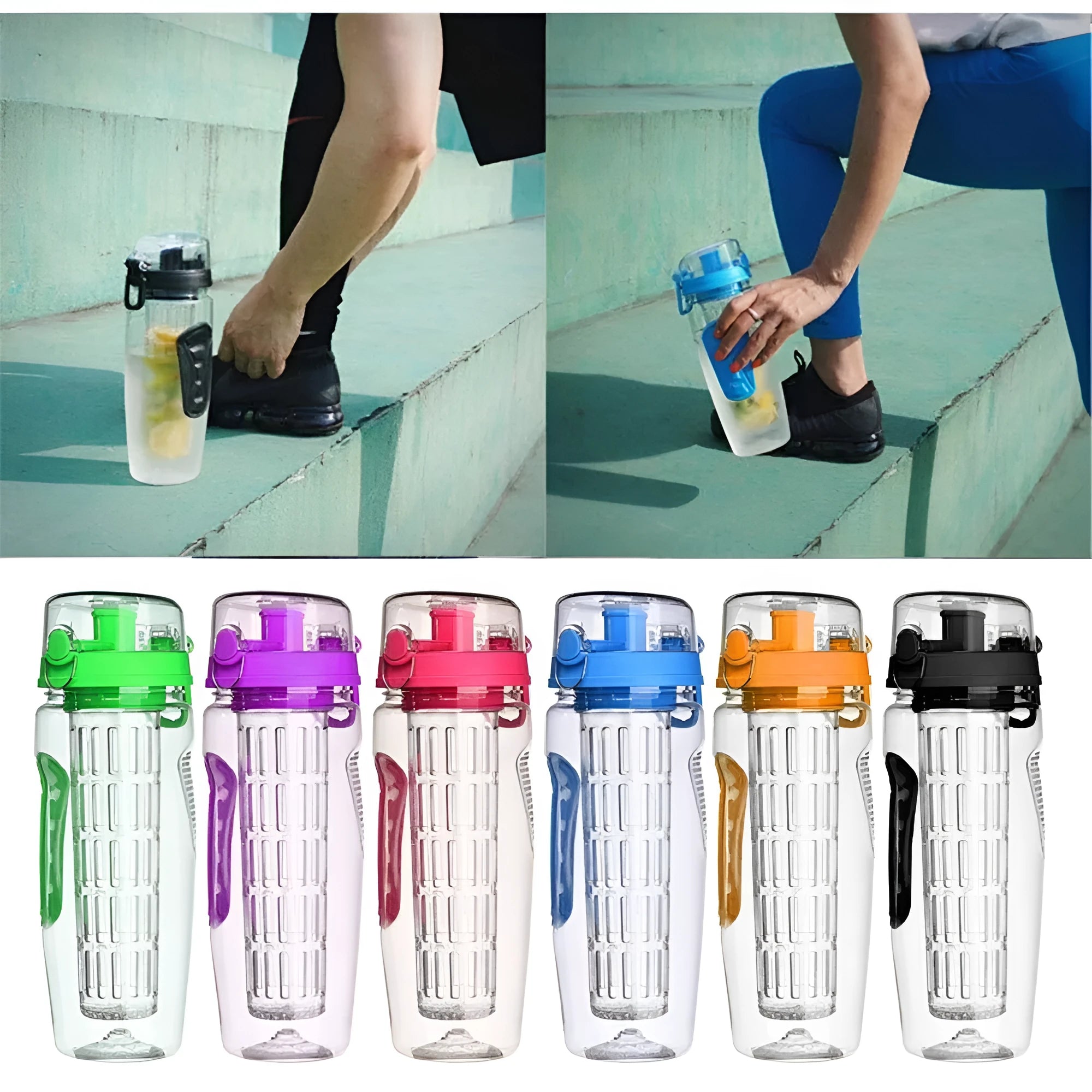 32oz BPA-free Tritan fruit infuser water bottle with removable fruit cup in assorted colours