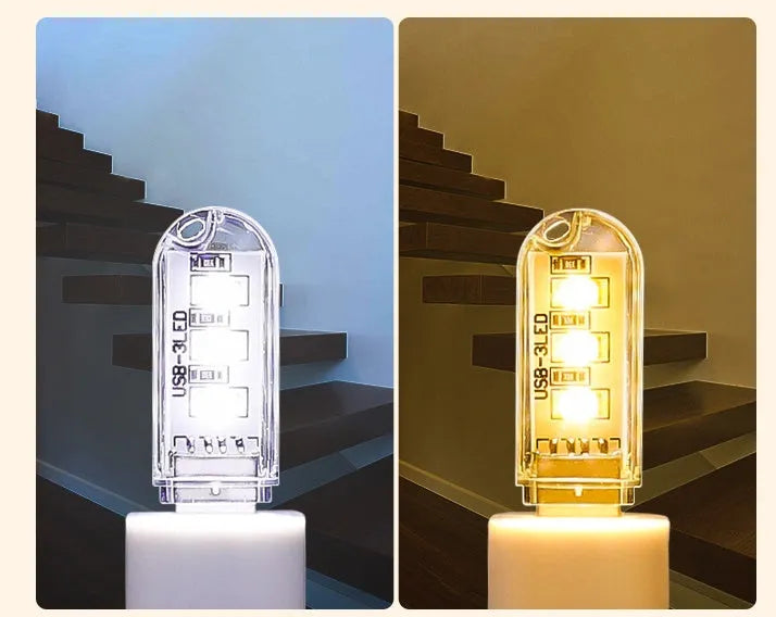 Compact white baby night light with USB cable showing dual colour options for nursery use