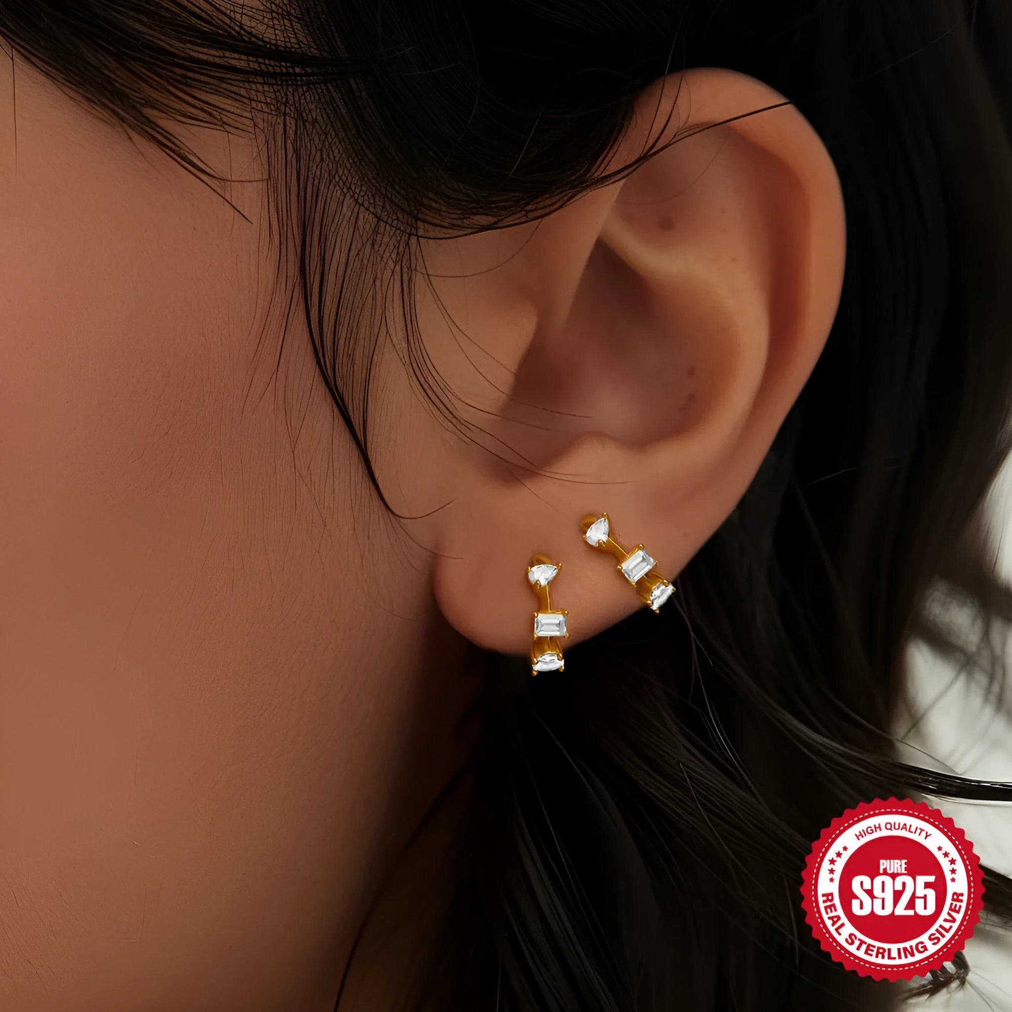 Small round geometric sterling silver stud earrings with diamond accents in gold or silver colour