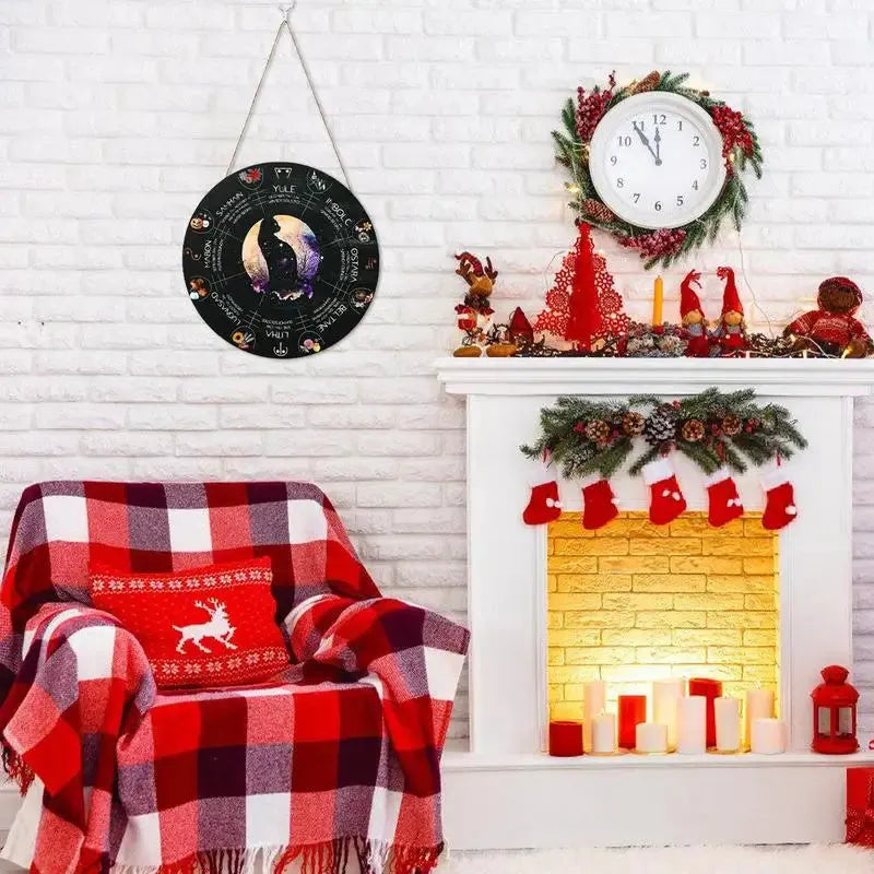 Square wooden holiday pendant with decorative disc designs on a white background.