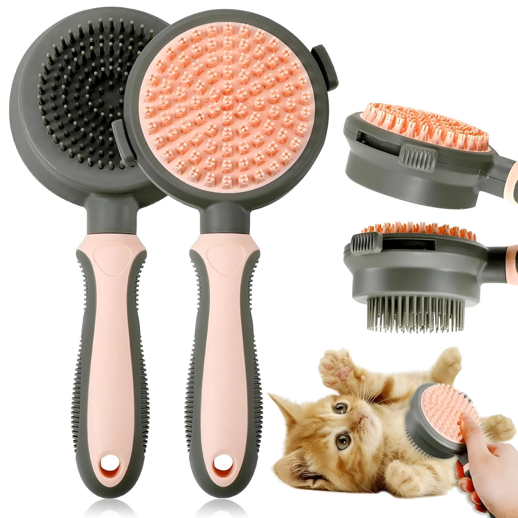 Double-sided pink cat grooming brush with release button and flea comb component