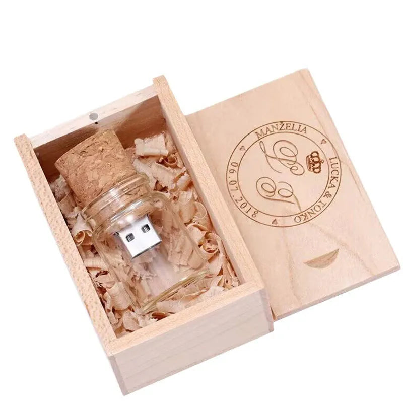 Transparent USB flash drive showing a wooden bottle model inside, dimensions 60mm by 28mm.